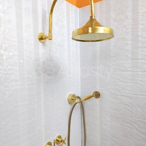 Unlacquered Brass Shower System - Luxury and Durability in One with Dome Round Shower Head, Shower Handheld, and 3 Handles