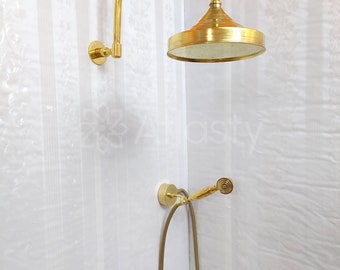 Unlacquered Brass Shower System - Luxury and Durability in One with Dome Round Shower Head, Shower Handheld, and 3 Handles