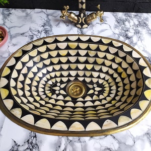 Brass Handmade Oval Bathroom Sink Studded With Wood And Resin