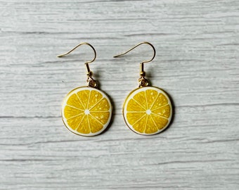 Yellow Lemon Earrings / Lemon Earrings / Lemon Jewelry / Yellow Lemon / Fruit Earrings / Fruit Jewelry / Fruit Drop Earrings