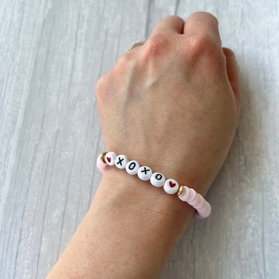 XOXO Pink and Brown Bracelet XOXO Pink Word Beaded Stretch Bracelet Love Valentines Day  main image 3