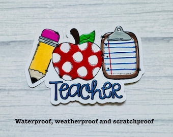 Teacher Things White Vinyl Sticker / Textured Waterproof Teacher Sticker with Pencil, Apple & Clipboard / Teacher Gift
