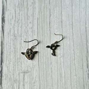 Heart Lock Key Earrings / Heart Lock Earrings / Heart Key Earrings / Mismatch Earrings  / Drop Earrings / Dangle Earrings / Silver Earrings