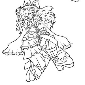 May include: Line art illustration of a character with curly hair, a large bow, and a layered dress. The character is wearing shoes with bows and a star. A geometric shape is in the upper right corner.