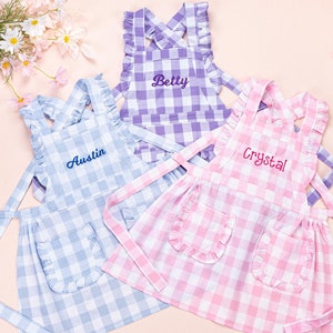 Toddler Apron for Girls Personalized Kid’s Apron Embroidery Name Cooking Pinafore Ruffle Cross Back Plaid Apron With Pockets Gift