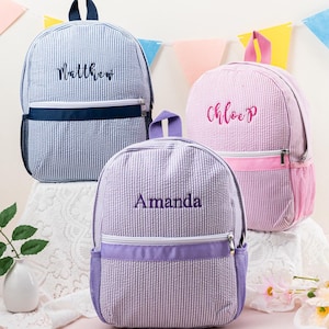 Personalized Seersucker Toddler Backpack: Kids Preppy School Bookbag, Custom Name Child Bag