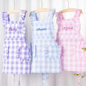 Personalized Kid’s Apron Cross Back Plaid Apron With Pockets Embroidery Name Cooking Pinafore Ruffle Gift Toddler Apron for Girls