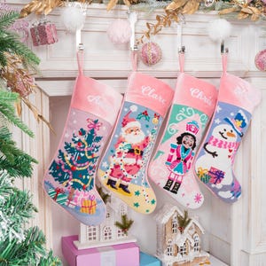 Needlepoint Christmas Stocking: Personalized Vintage Pink Stocking, Family Home Décor Gift