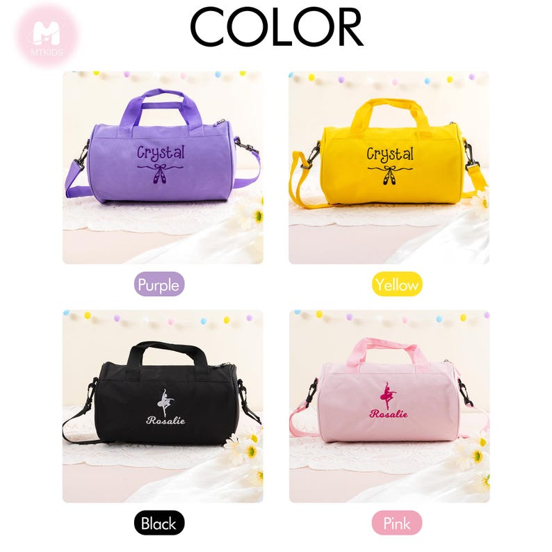 Pu&ograve; includere: Quattro borse da palestra di diversi colori con nomi personalizzati. Le borse sono viola, gialla, nera e rosa. Le borse hanno una chiusura a zip e un manico superiore. Le borse sono decorate con una ballerina e i nomi "Crystal", "Rosalie" e "Rosalie".