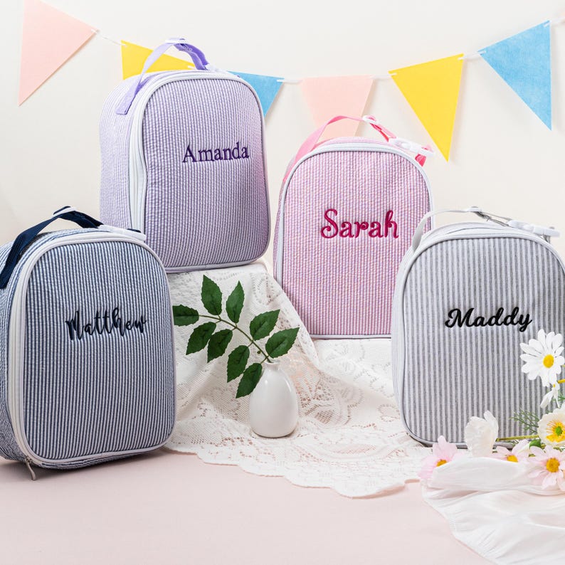 Personalized Seersucker Kids Lunch Bag: Insulated Stripe Tote, Reusable Child/ Toddler Lunch Box bild 1
