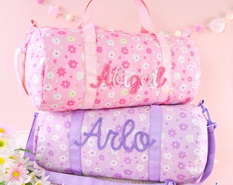 Personalized Toddler Duffle Bag, Girls Floral Corduroy Weekender and Dance Travel Bag