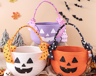 Halloween Trick Or Treat Basket Halloween Kids Gift Personalized Name Pumpkin Candy Tote Bucket