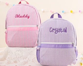 Personalized Seersucker Toddler Backpack: Preppy Ruffle Strap Bookbag