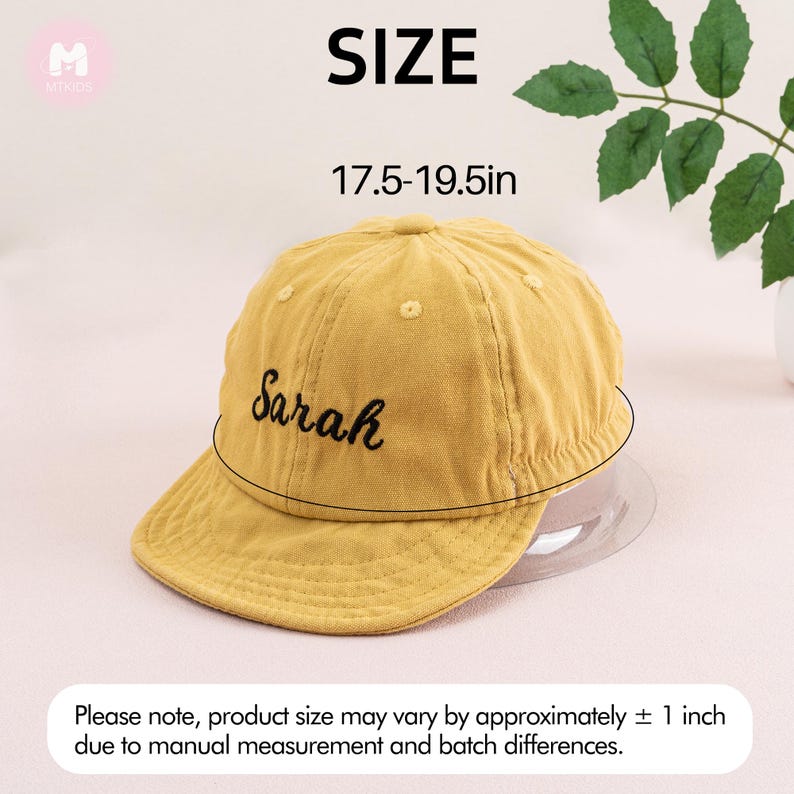 May include: A yellow baseball cap with the name "Sarah" embroidered on the front. The cap is 17.5 to 19.5 inches in size.