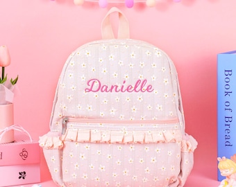 Personalized Toddler Backpack, Floral Ruffle School Book Bag, Baby Girl Daycare Bag