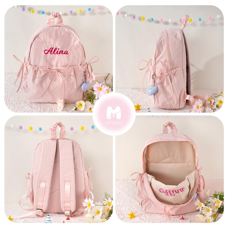 May include: Pink backpack with the name "Alina" embroidered in a cursive font. The backpack has a drawstring closure, side pockets, and decorative bows. A small heart-shaped charm hangs from the side. The interior is visible in one image.