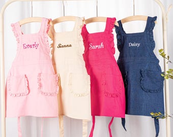 Personalized Toddler Girls Apron: Embroidered Name Cotton Ruffle Pinafore for Kids