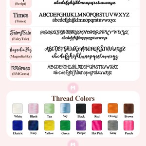 May include: A chart showing different embroidery fonts and thread colors. The fonts include Script, Times, Fairy Tale, Magnolia Sky, and RMGrass. The thread colors include white, blush, tea, sky, black, red, orange, brown, electric, navy, yellow, green, purple, hot pink, gray, and punch. The text at the bottom says "Louisa Jefferson" and "The machine frame size is limited, the more letters will be smaller."