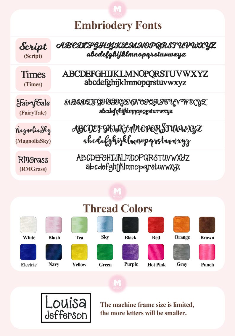 May include: A chart showing different embroidery fonts and thread colors. The fonts include Script, Times, Fairy Tale, Magnolia Sky, and RMGrass. The thread colors include white, blush, tea, sky, black, red, orange, brown, electric, navy, yellow, green, purple, hot pink, gray, and punch. The text at the bottom says "Louisa Jefferson" and "The machine frame size is limited, the more letters will be smaller."