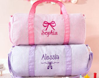 Personalized Seersucker Dance Bag, Custom Kids Travel Bag, Toddler Weekender Duffel with Shoe Compartment