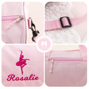 Pu&ograve; includere: Borsa da danza rosa con una silhouette di ballerina e il nome Rosalie ricamato sul davanti. La borsa ha una chiusura a zip e una tracolla.