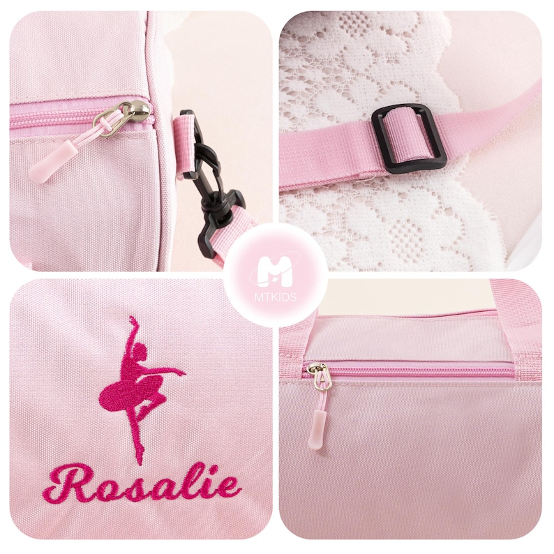 Pu&ograve; includere: Borsa da danza rosa con una silhouette di ballerina e il nome Rosalie ricamato sul davanti. La borsa ha una chiusura a zip e una tracolla.