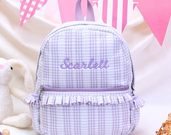 Toddler Girl Backpack Personalized  Cotton Gingham Ruffle Mini Bookbag Back To School Daycare