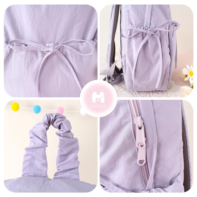 May include: A light purple backpack with a drawstring closure and a zipper. The backpack has a bow detail and the text "MTKIDS" in a circle. The backpack has a handle and adjustable straps.
