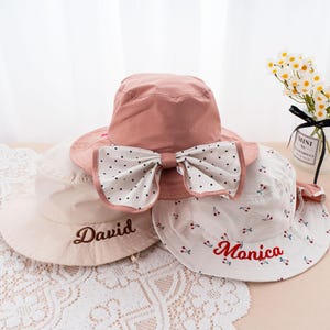 Personalized Girls Sun Hat, Adjustable Beach Bucket Hat for 2-8 Years Girls, Personalized Outdoor Pink Bucket Hat with Bow, Baby Shower Gift