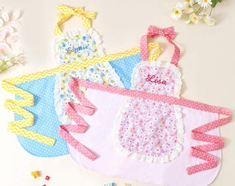 Personalized Kids Apron: Pink Floral Cotton Apron, Toddler Cooking Pinafore with Lace Ruffle