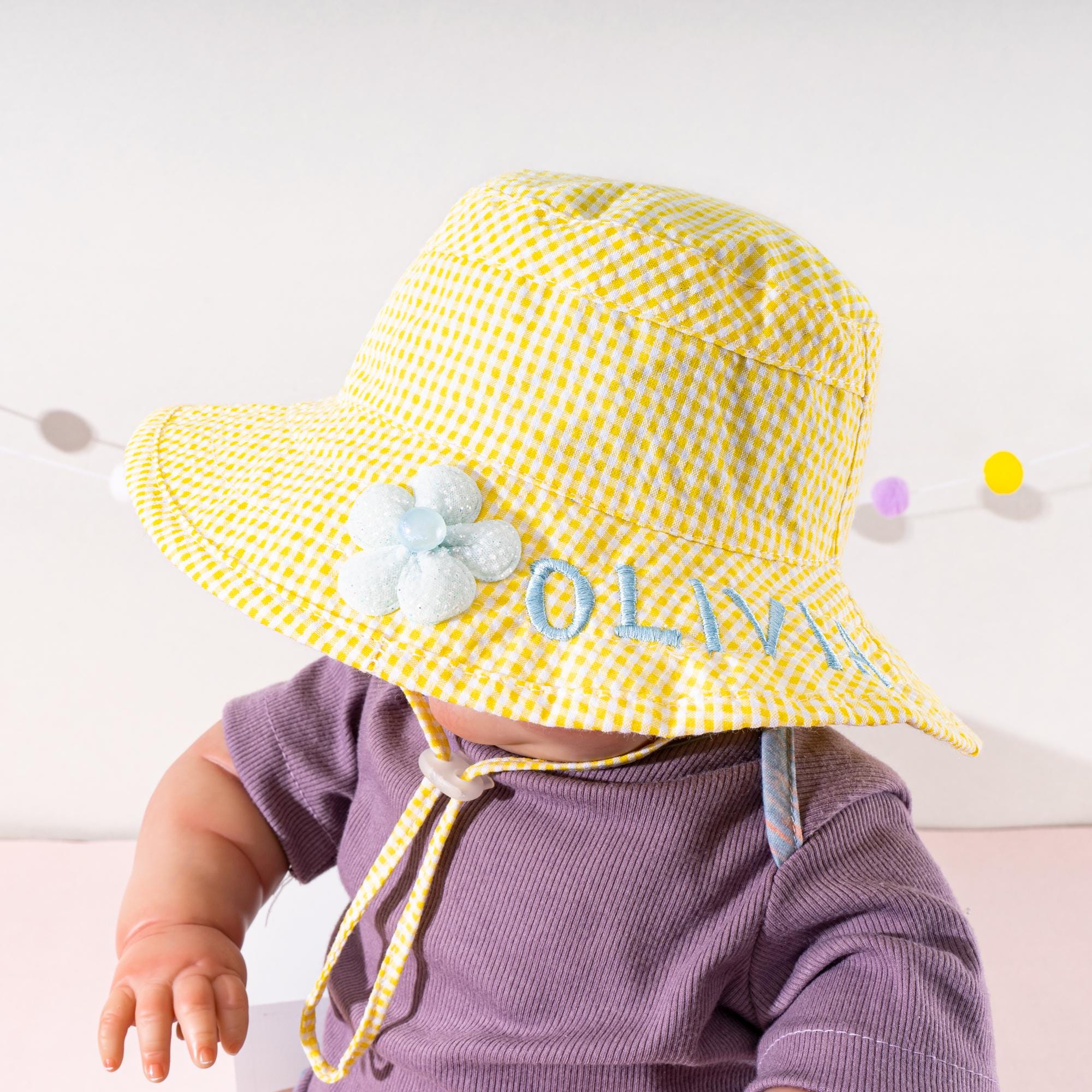 Personalisierte Baby Sonnenmütze-Benutzerdefinierte Kinder-Eimermütze-Kleinkind-Sommermütze mit Kinnband-Kind-Perfektes Babyparty, Strand, Sommergeschenk
