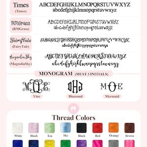 May include: A graphic showcasing embroidery fonts, monograms, and thread colors. Fonts include Script, Times, RMGrass, Fairy Tale, and Magnolia Sky. Monogram styles are Vine, Diamond, and Mermaid. Thread colors are displayed in a palette.