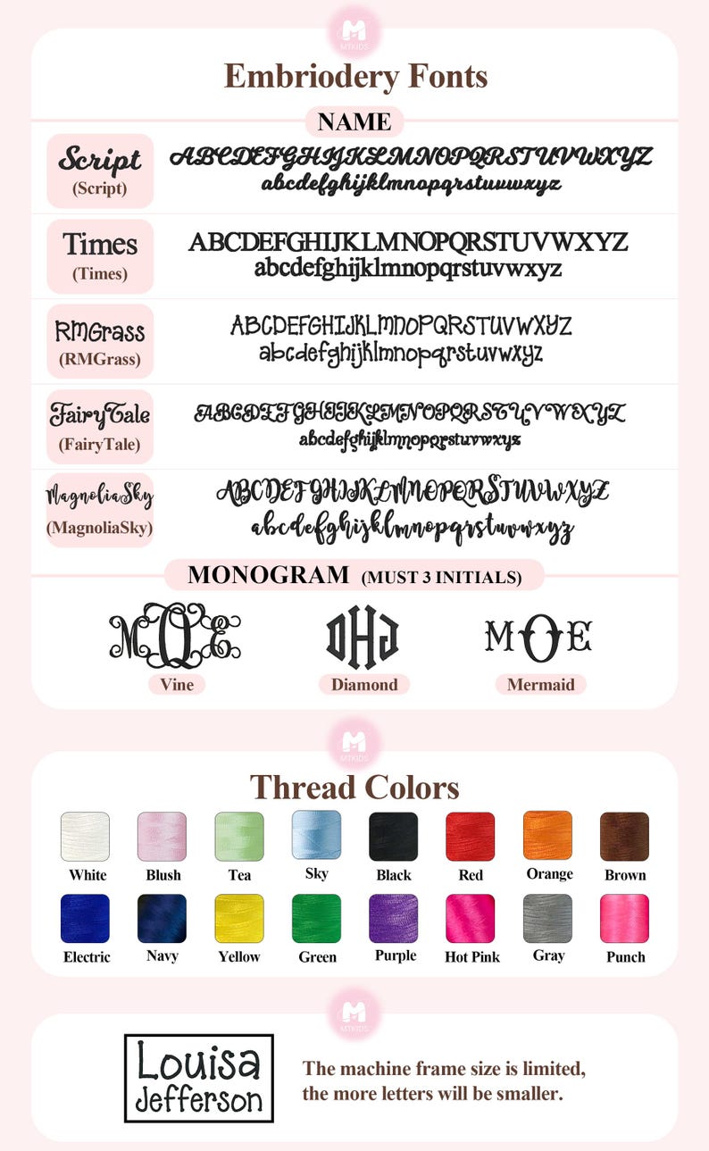 May include: A graphic showcasing embroidery fonts, monograms, and thread colors. Fonts include Script, Times, RMGrass, Fairy Tale, and Magnolia Sky. Monogram styles are Vine, Diamond, and Mermaid. Thread colors are displayed in a palette.