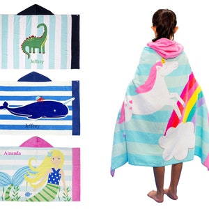 Personalized Hooded Towel for Kids in Summer, Truck, Unicorn, Dinosaur, Whale, Mermaid, Beach Towel with button for Children, Gifts for Kid