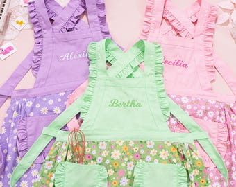 Personalized Kids Apron With Embroidered Name Floral Ruffle Cross Back Baking Pinafore For Girls