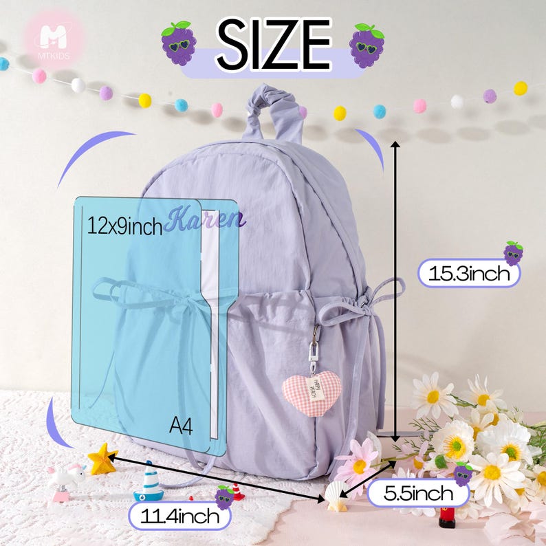 May include: A lavender backpack with a front pocket and a small heart-shaped charm. The backpack measures 15.3 inches high, 12 x 9 inches wide, and 5.5 inches deep. The text "Karen" is visible on the front pocket. The backpack is next to a bouquet of flowers.