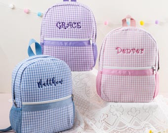 Personalized Seersucker Kids Backpack: Monogrammed Plaid Book Bag