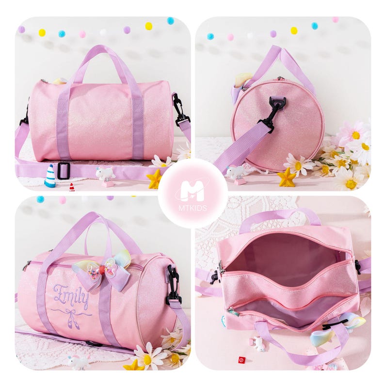 May include: A pink cylindrical duffel bag with lavender handles and a detachable shoulder strap. The bag features a glittery finish, a large rainbow-colored bow, and the embroidered name Emily above a ballet slipper graphic on the side panel.