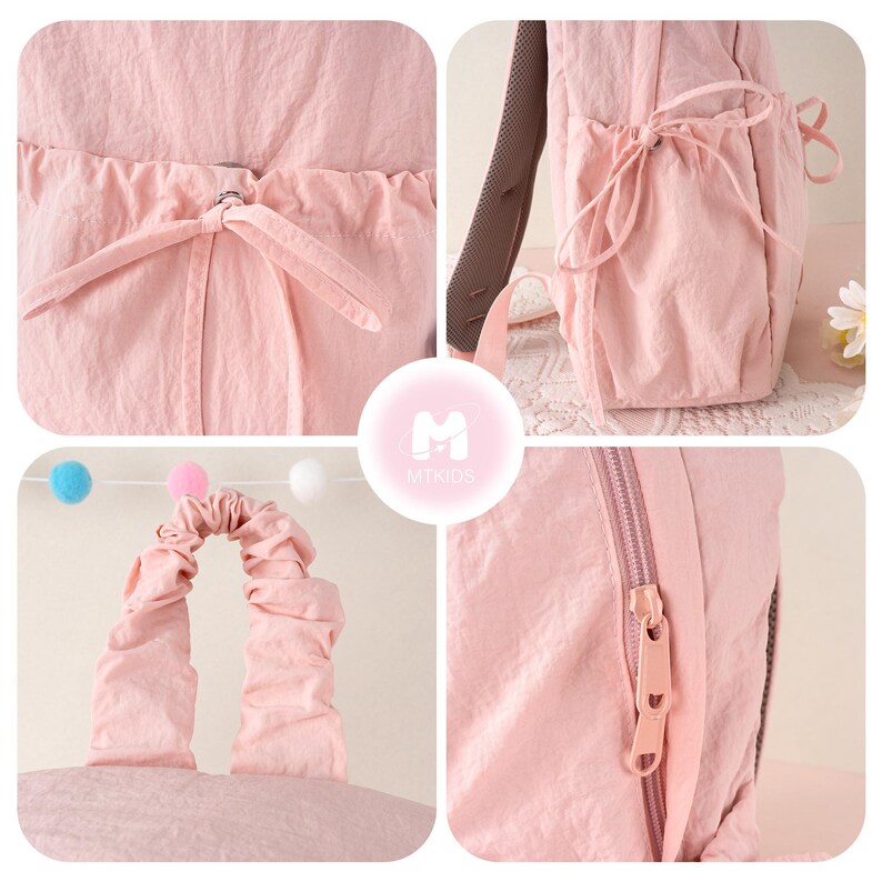 May include: A close-up of a pink backpack with multiple details. The backpack has a drawstring closure, a zippered pocket, and a top handle. The backpack has a light pink color and a textured fabric. The brand name "MTKIDS" is visible.