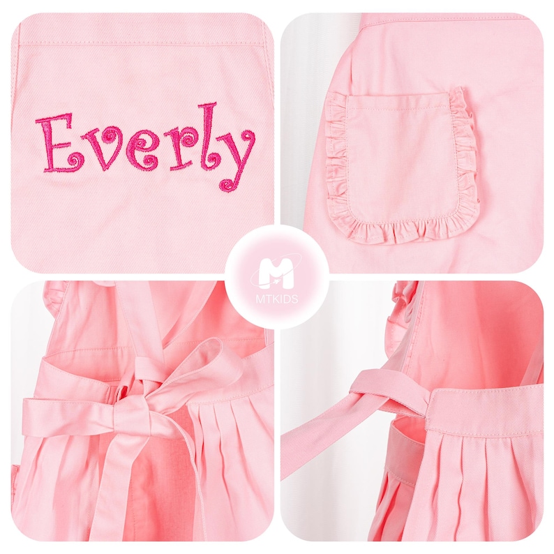 May include: Pink child's apron with a frilled pocket and adjustable straps. The apron has the name "Everly" embroidered on the front.