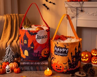 Personalized Pumpkin Trick-or-Treat Bag with Custom Name, Kids Halloween Candy Tote, First Halloween Gift for Toddlers