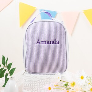 Personalized Seersucker Kids Lunch Bag: Insulated Stripe Tote, Reusable Child/ Toddler Lunch Box Purple