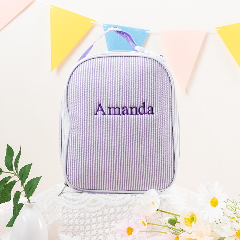 Personalized Seersucker Kids Lunch Bag: Insulated Stripe Tote, Reusable Child/ Toddler Lunch Box Purple