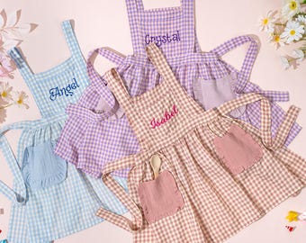 Personalized Kids Apron: Plaid Linen Cooking Apron with Pockets, Girls Toddler Pinafore