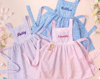 Personalized Plaid Kids Apron with Pockets: Toddler Cooking Pinafore
