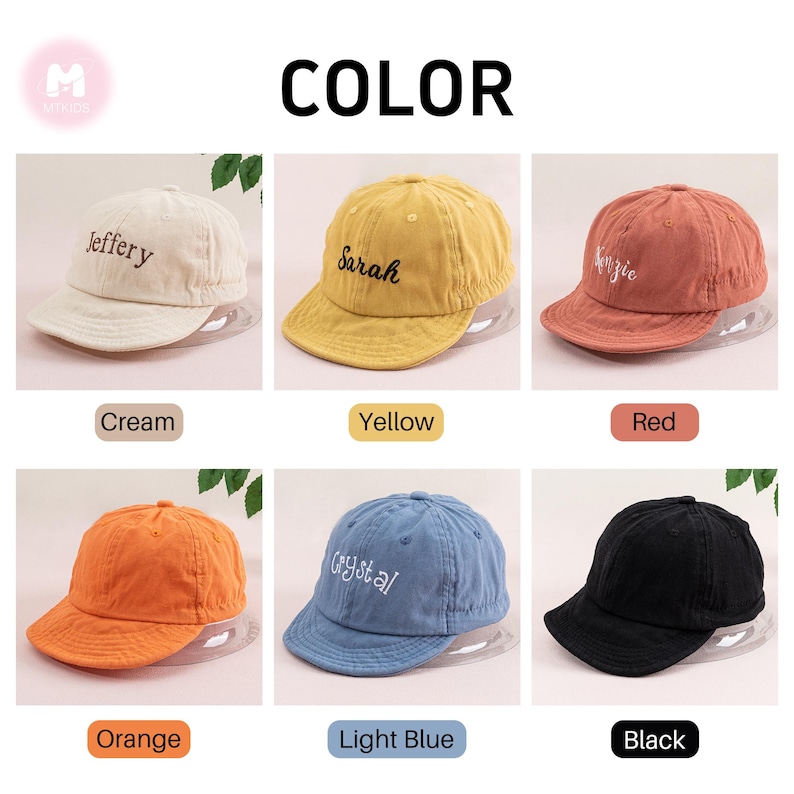 May include: Six different colored baseball caps with embroidered names on the front. The colors are cream, yellow, red, orange, light blue, and black.