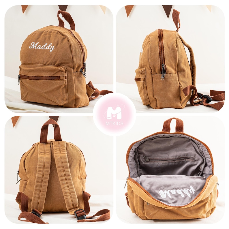 K&ouml;nnte beinhalten: Ein brauner Canvas-Rucksack mit verstellbaren Tr&auml;gern. Der Rucksack hat eine Rei&szlig;verschlusstasche vorne und ein gro&szlig;es Hauptfach. Der Rucksack ist mit dem Namen "Maddy" in wei&szlig;er Stickerei personalisiert.