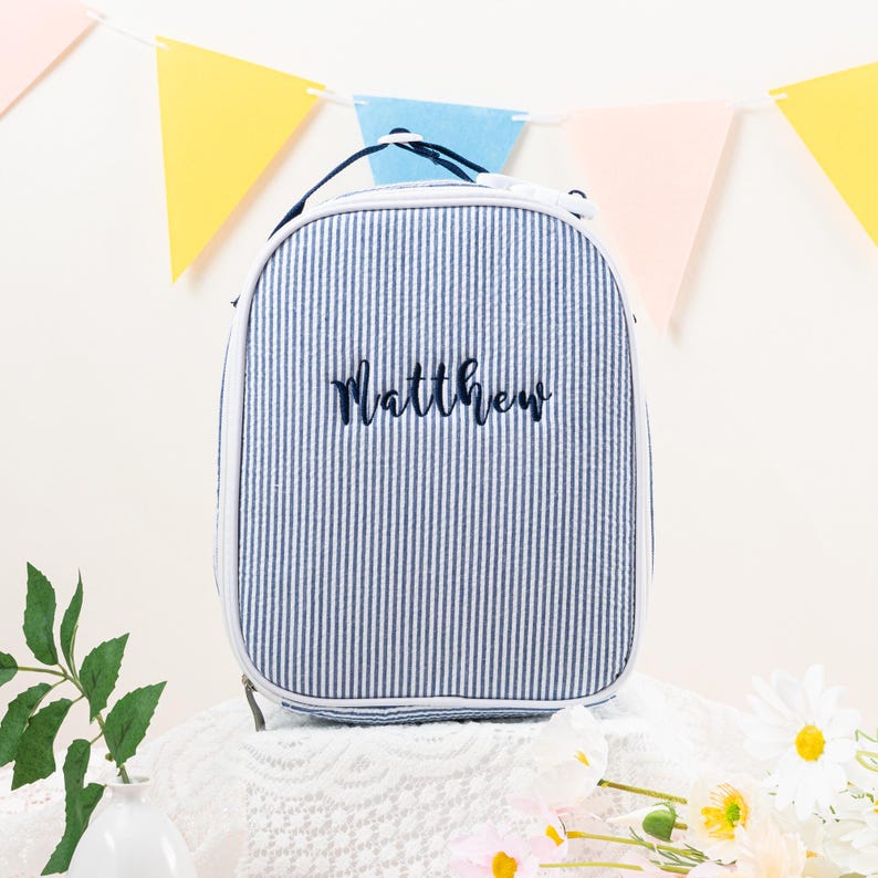 Personalized Seersucker Kids Lunch Bag: Insulated Stripe Tote, Reusable Child/ Toddler Lunch Box Blue