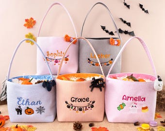 Personalized Kids Halloween Basket Custom Embroidered Seersucker Trick Or Treat Candy Bucket for Child