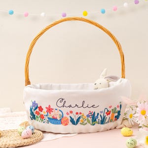 May include: A white Easter basket with a floral design and the name "Charlie" embroidered on the front. The basket is filled with colorful Easter eggs and a plush bunny.